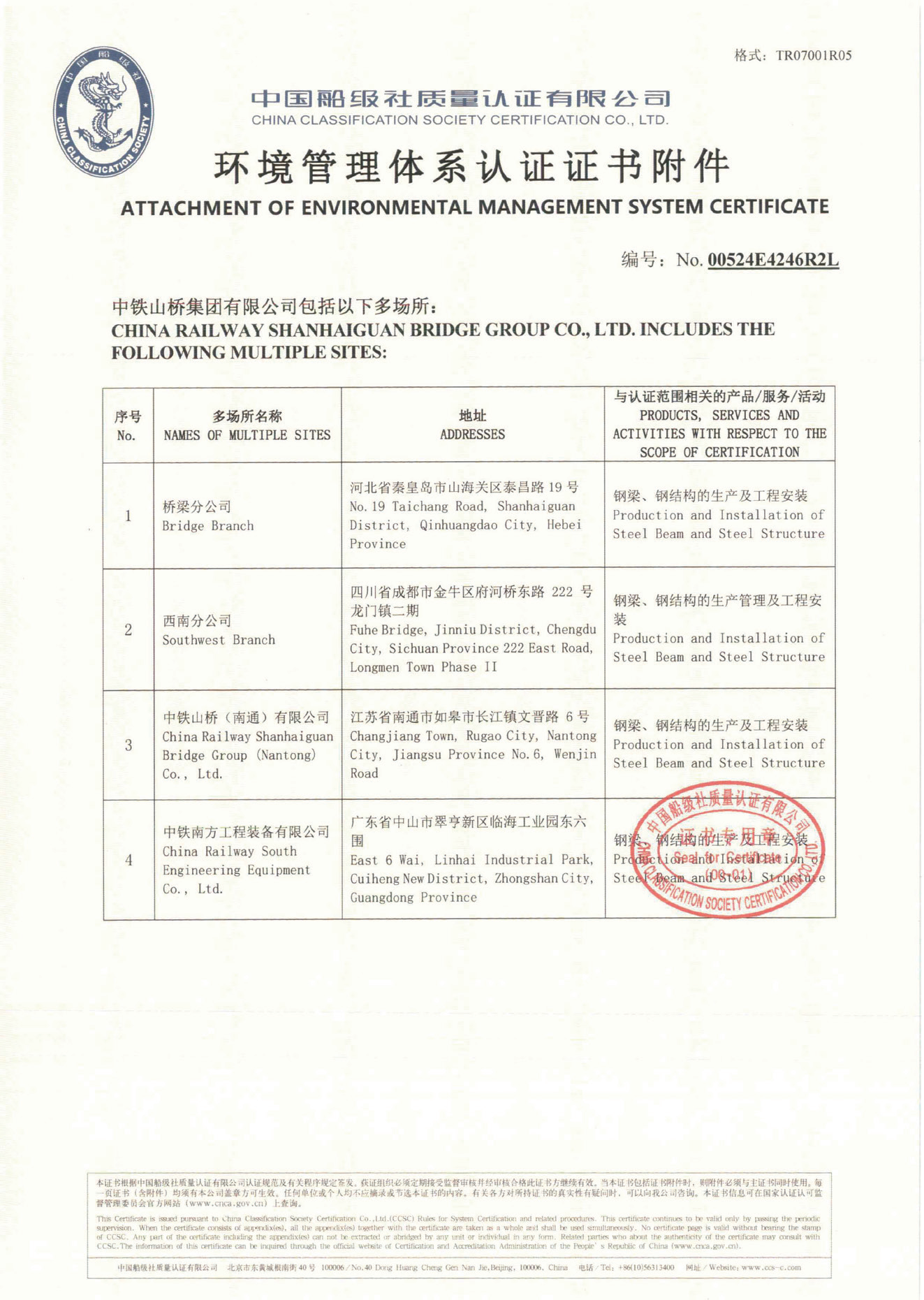 环境管理体系认证证书附件